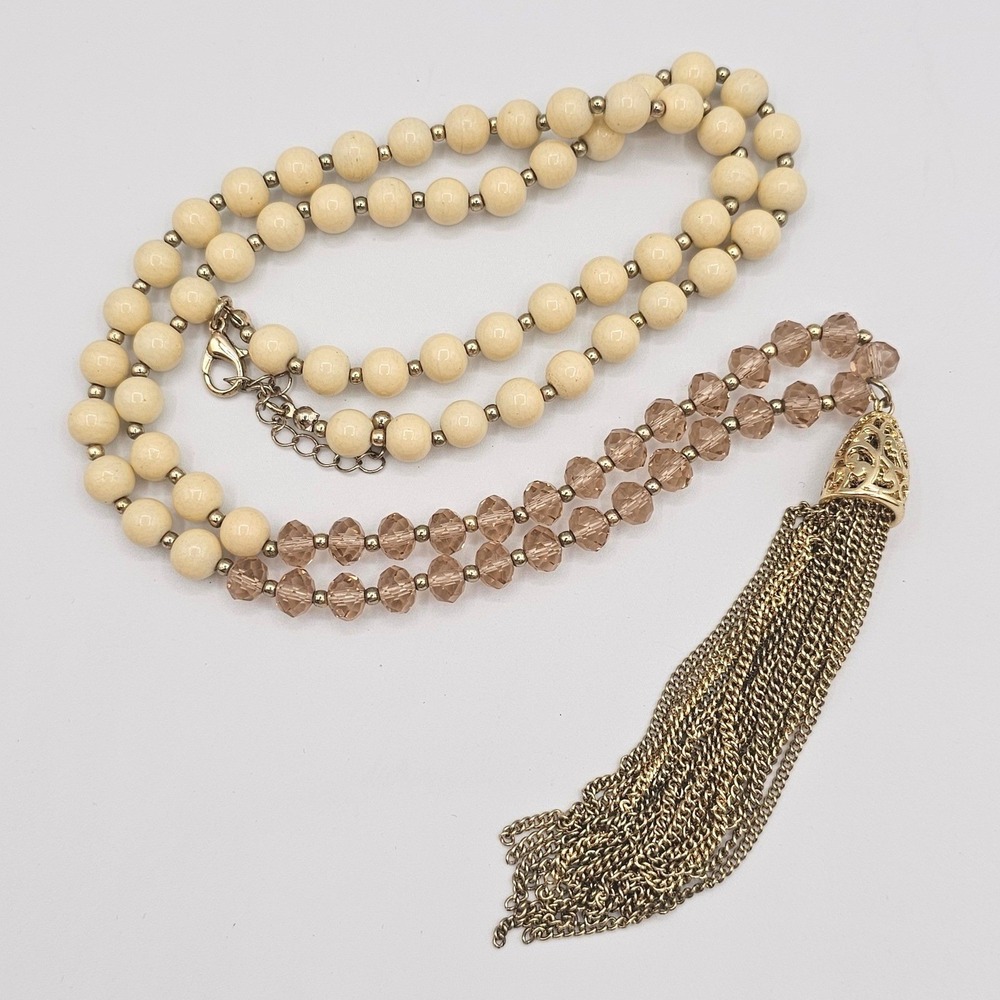 Tassel Necklace Beaded Sautoir Flapper Glass Champagne Gold Tone Long 35in